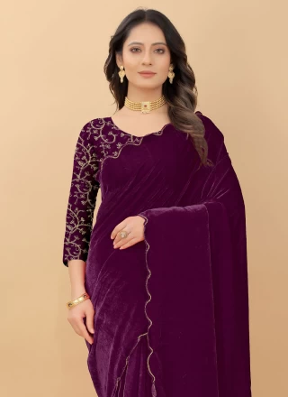 Traditional Saree Plain Velvet in Purple