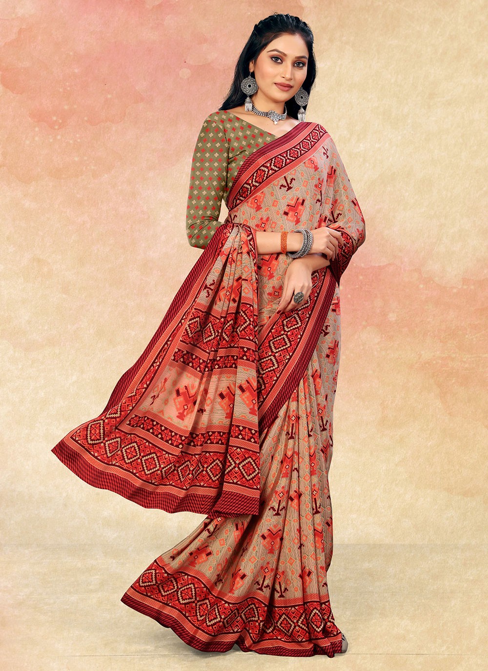 Traditional Saree Printed Faux Crepe in Beige