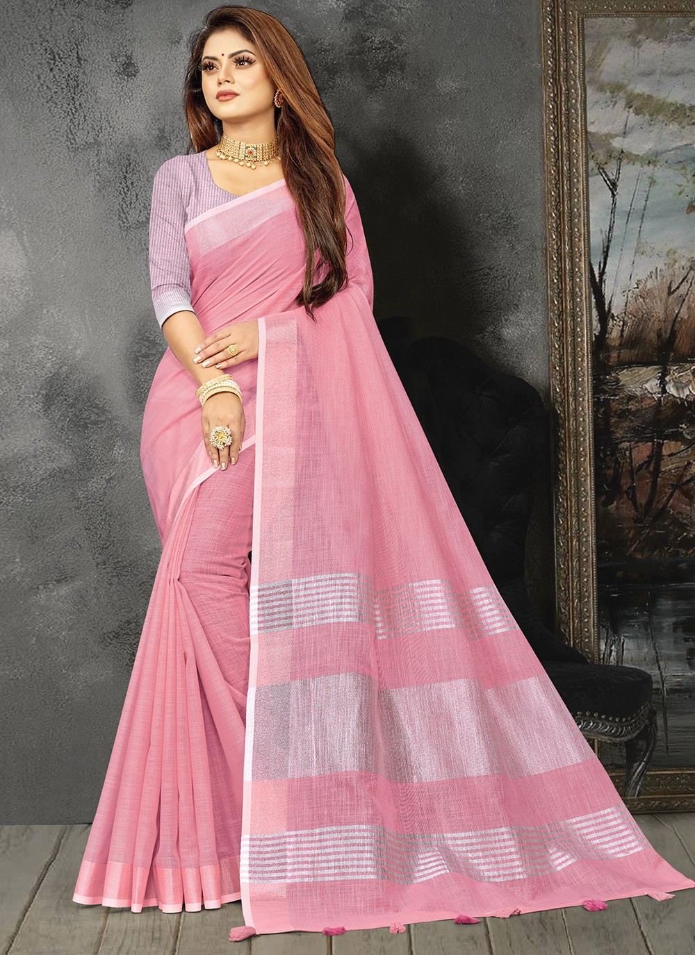Traditional Saree Weaving Linen in Pink