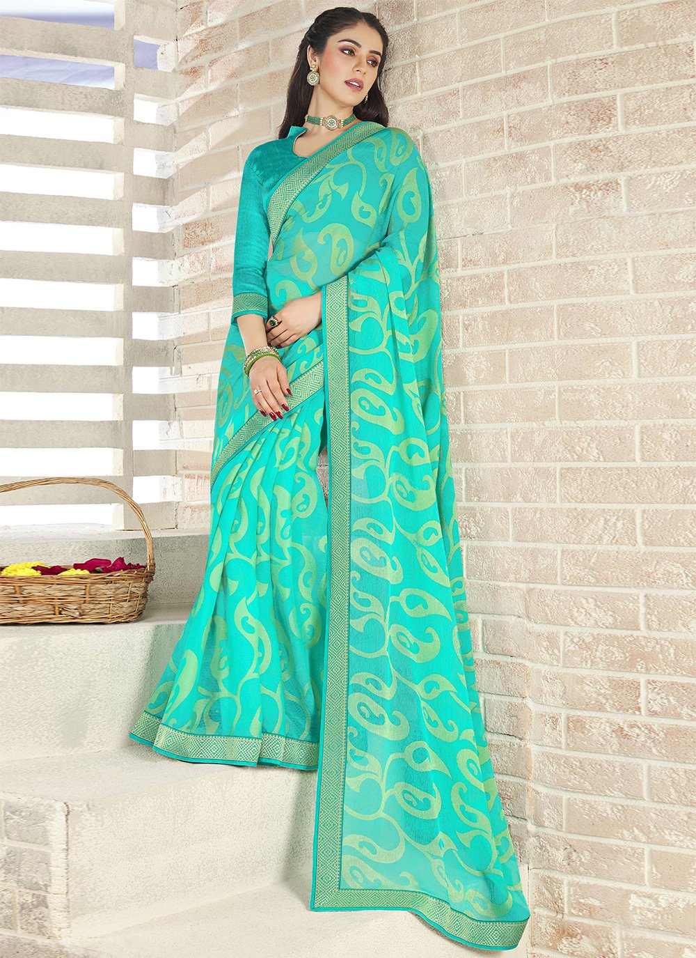 Turquoise Abstract Print Brasso Printed Saree