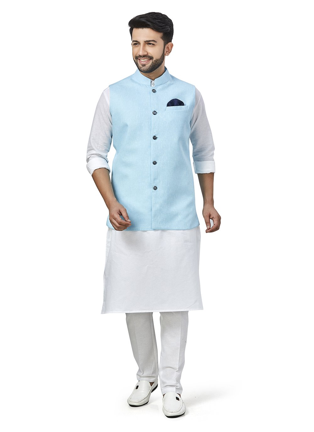 Turquoise and White Buttons Mehndi Kurta Payjama With Jacket