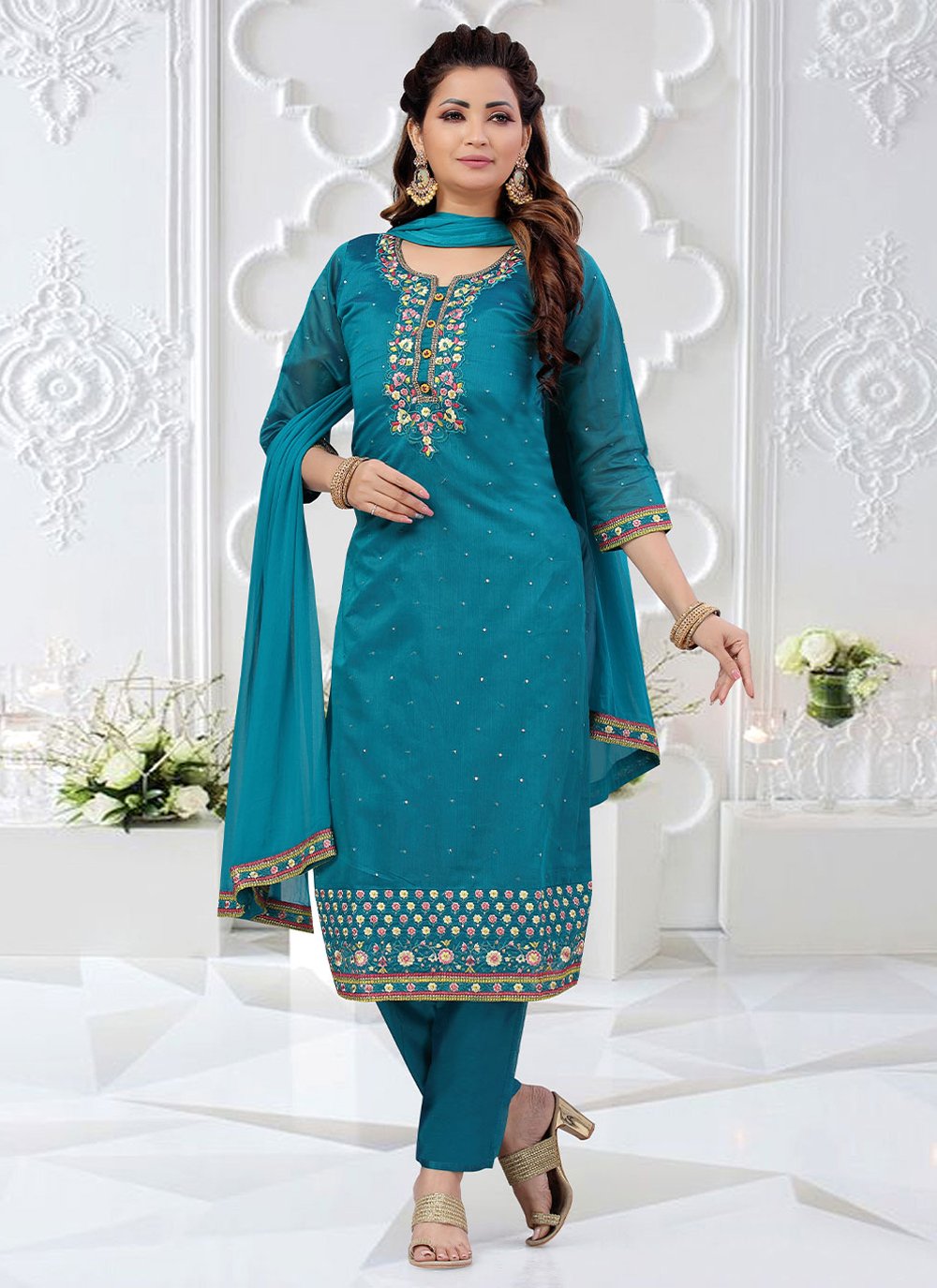 Turquoise Art Silk Festival Designer Salwar Suit