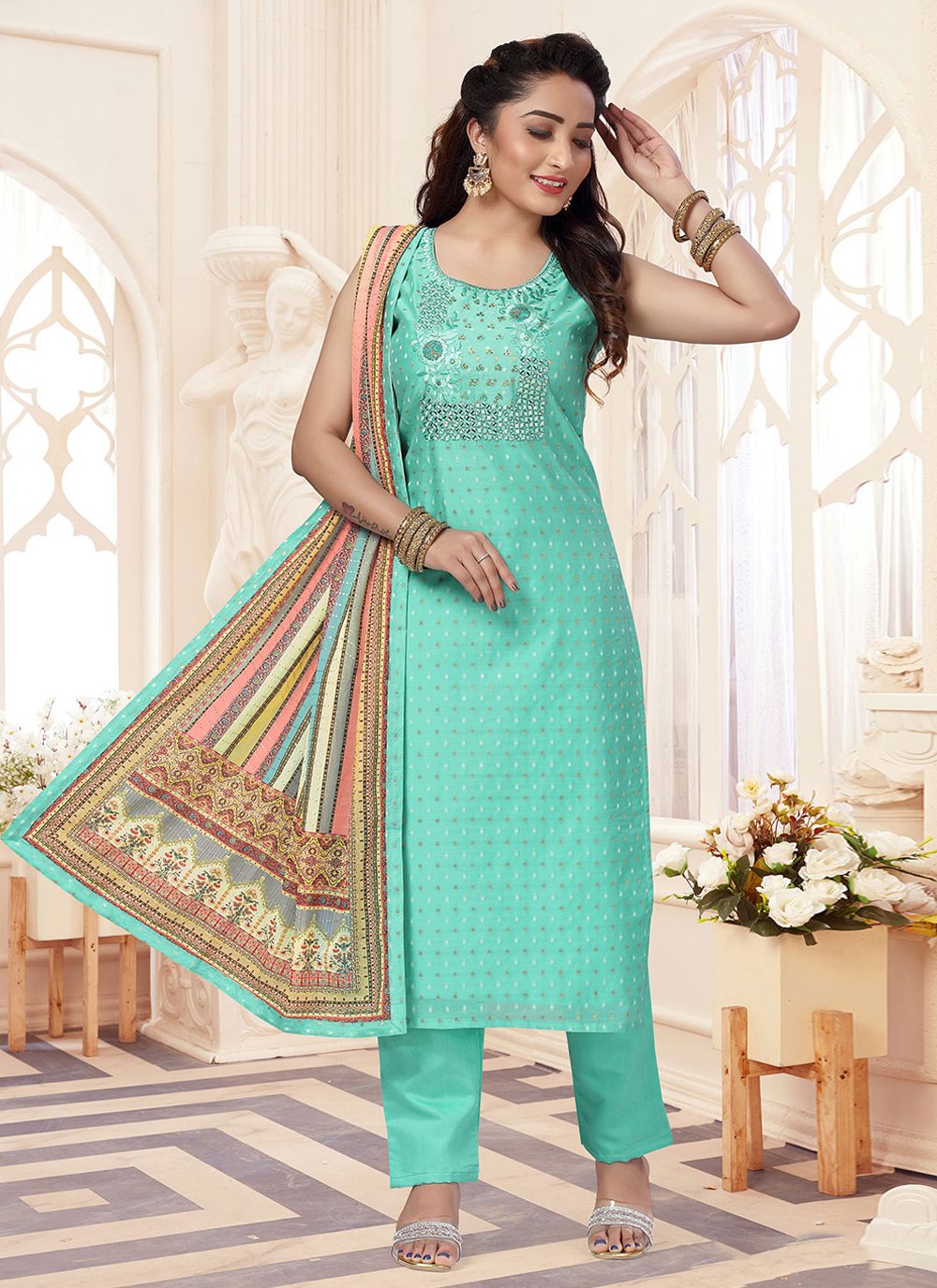 Turquoise Embroidered Chanderi Trendy Straight Salwar Suit
