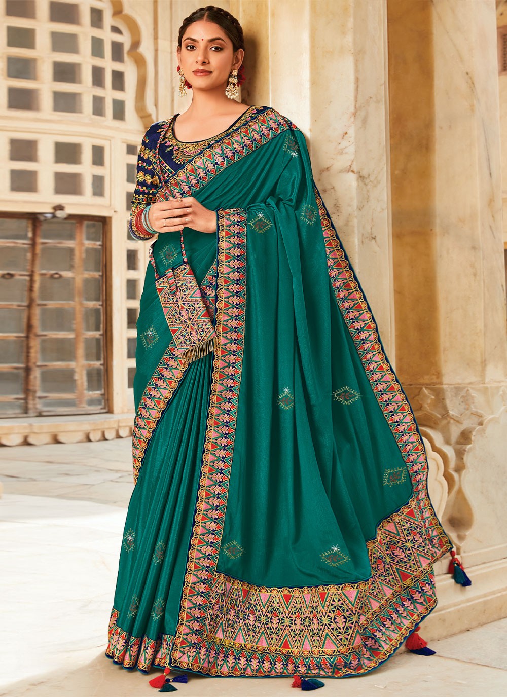 Turquoise Embroidered Chinon Traditional Saree