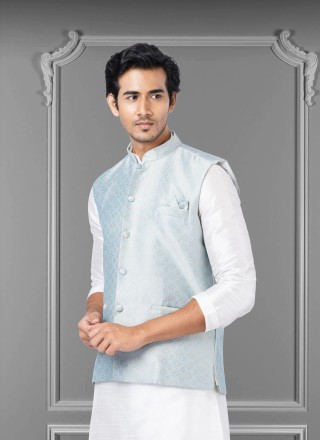 Turquoise Embroidered Jacquard Silk Nehru Jackets