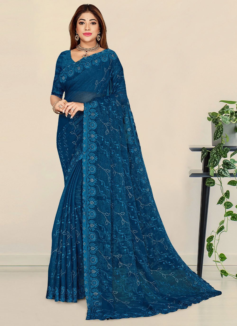 Turquoise Embroidered Trendy Saree