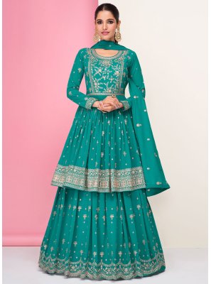 Turquoise Embroidered Wedding A Line Lehenga Choli