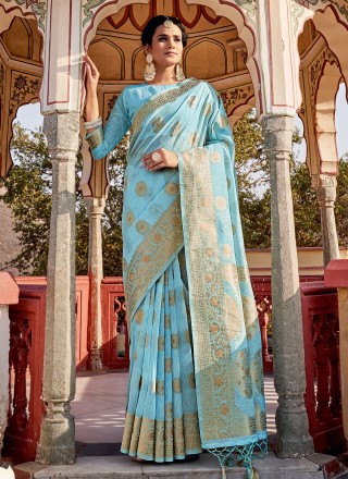 Turquoise Engagement Linen Classic Saree