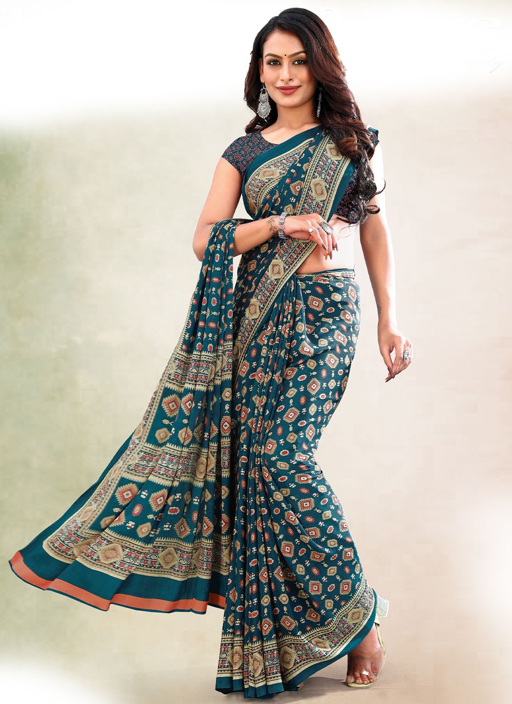 Buy Party Wear Beige Digital Printed Work Satin Crepe Saree Online From  Surat Wholesale Shop.