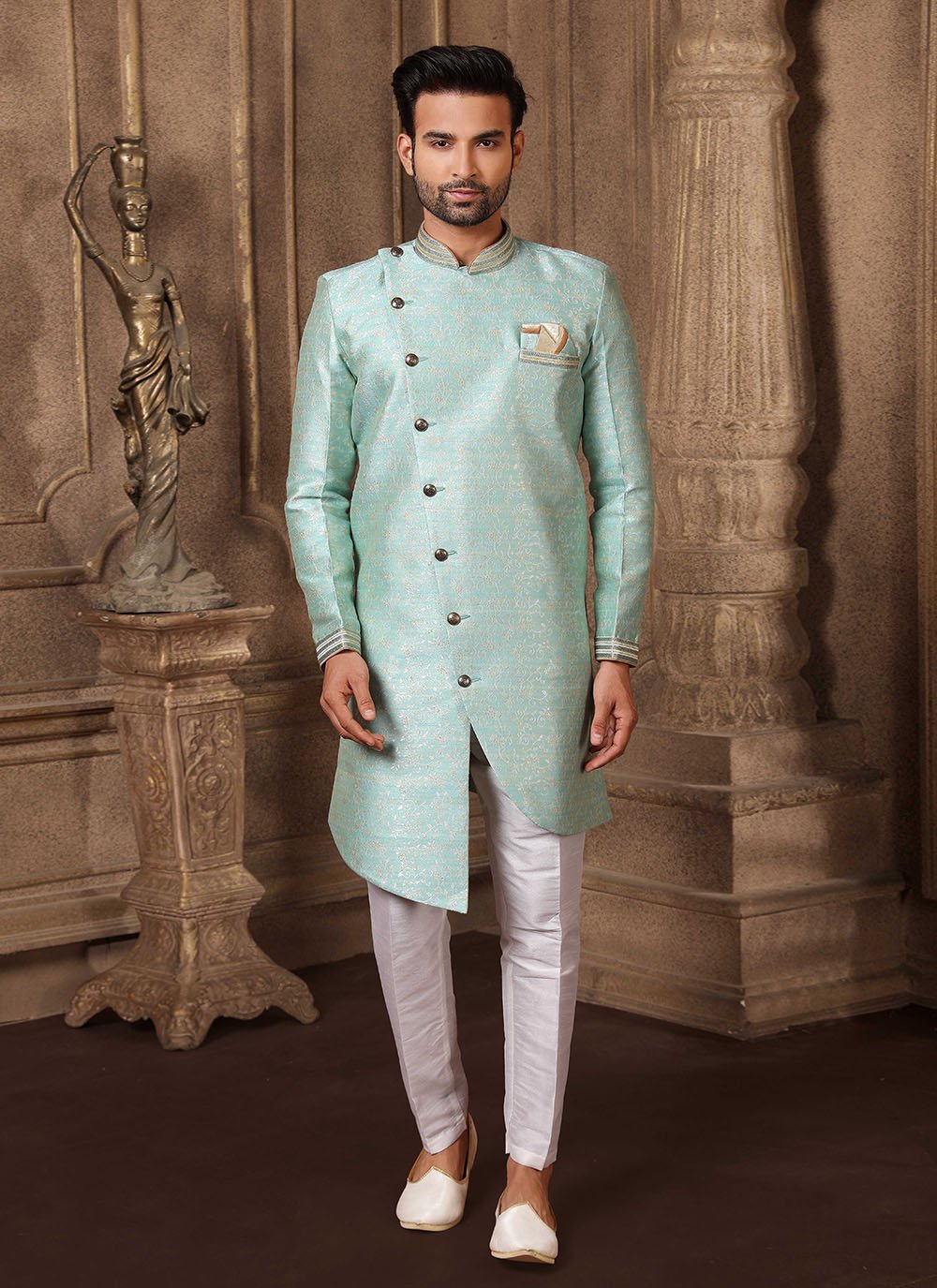 Turquoise Mehndi Jacquard Silk Indo Western