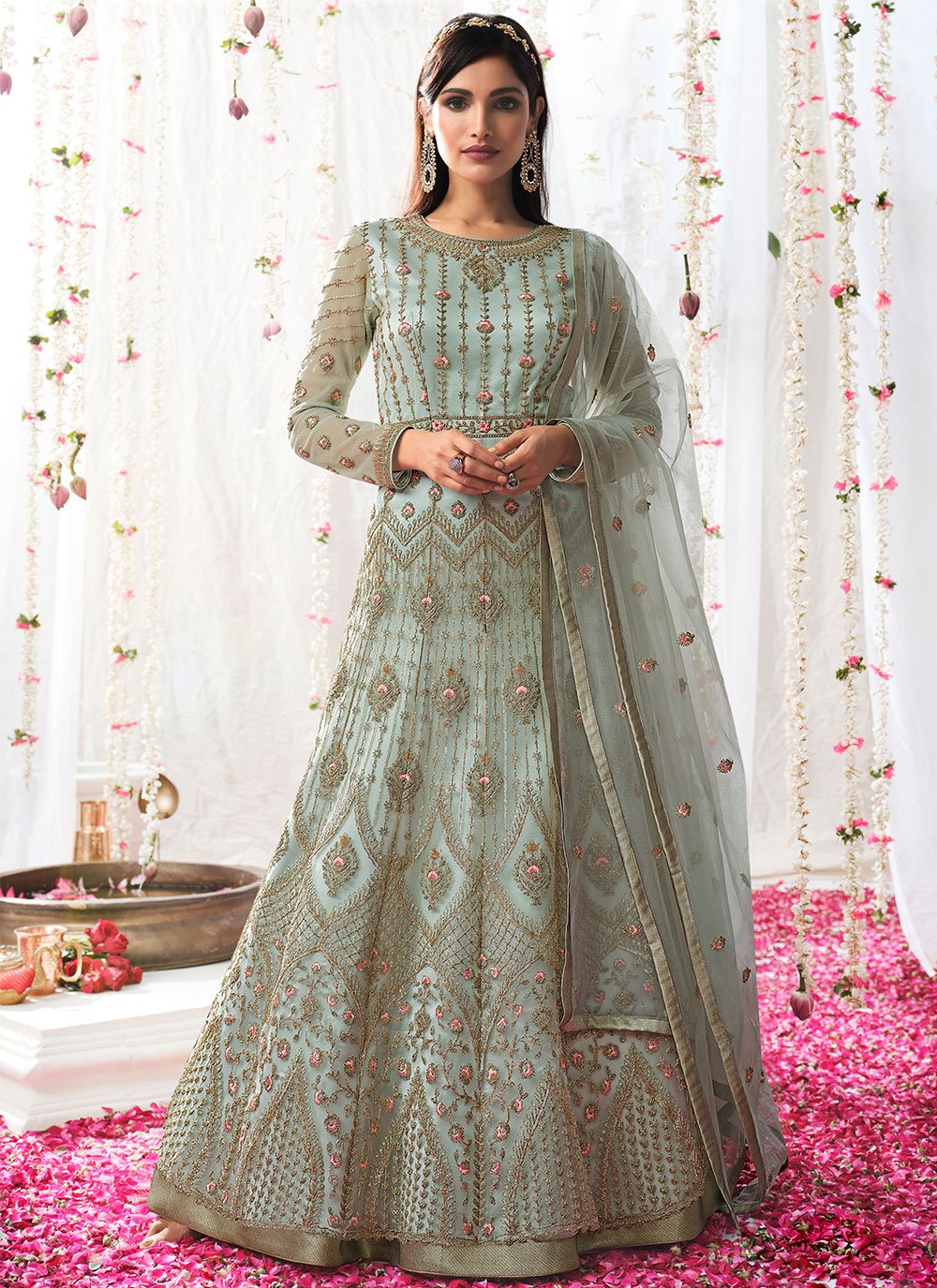 Turquoise Net Sequins Designer Floor Length Salwar Suit