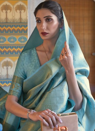 Turquoise Party Handloom silk Saree