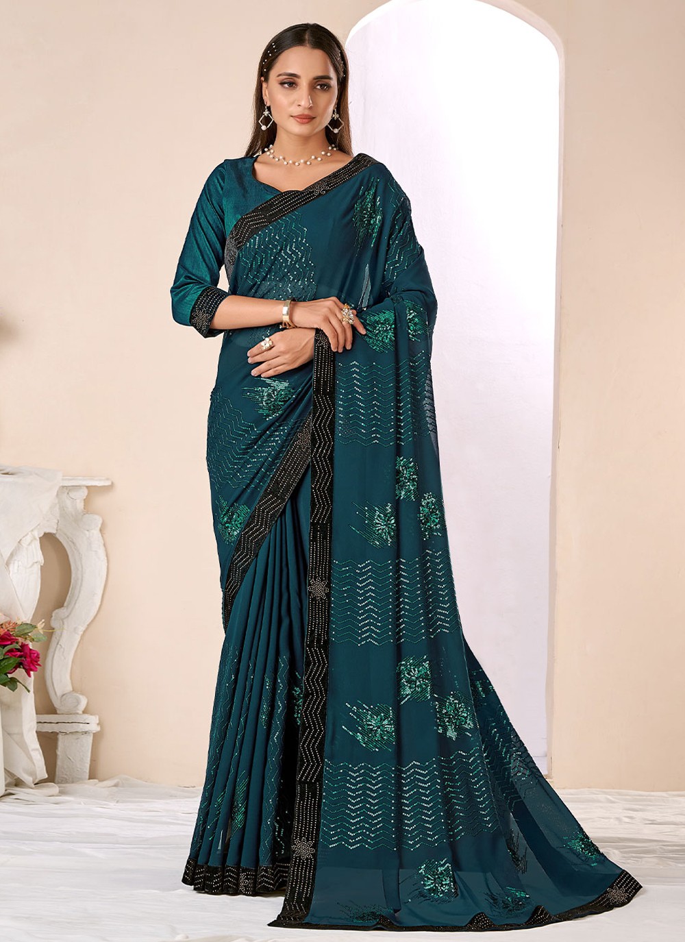 Turquoise Sequins Bembarg Trendy Saree