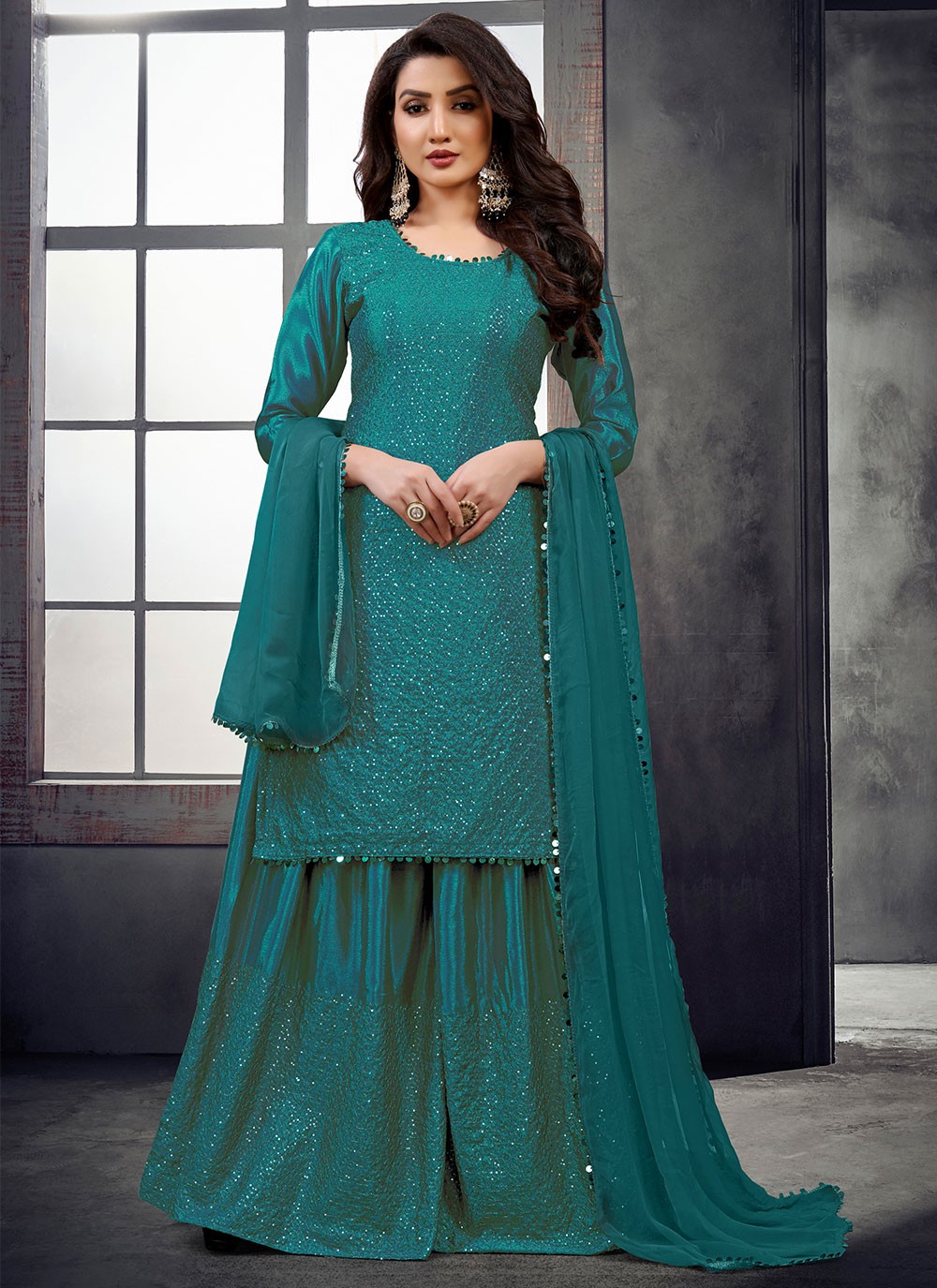 Turquoise Sequins Chinon Designer Salwar Suit