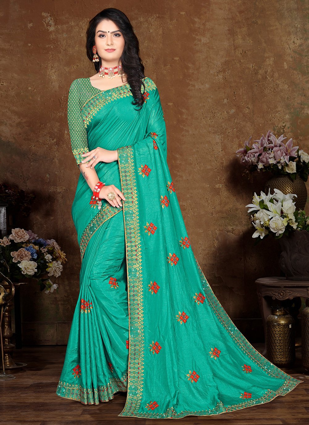 Turquoise Vichitra Silk Traditional Designer Saree