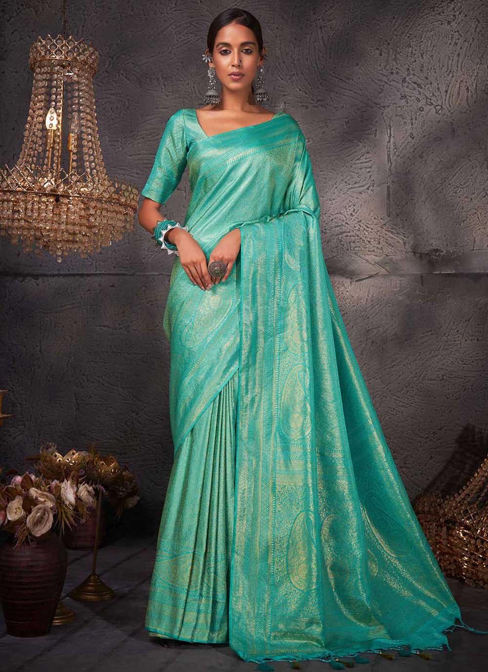 Turquoise Woven Kanjivaram Silk Contemporary Saree