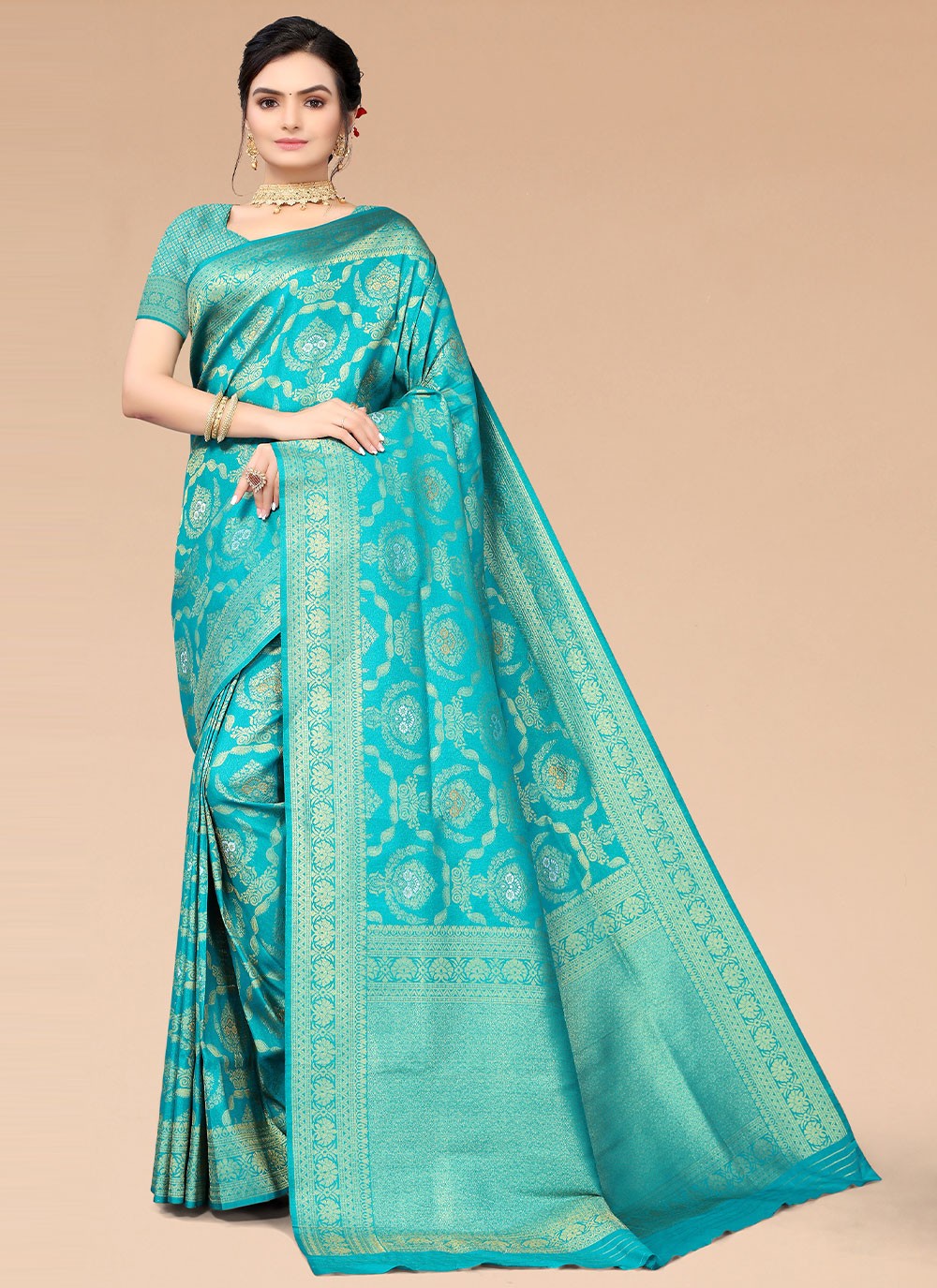 Turquoise Woven Silk Blend Saree