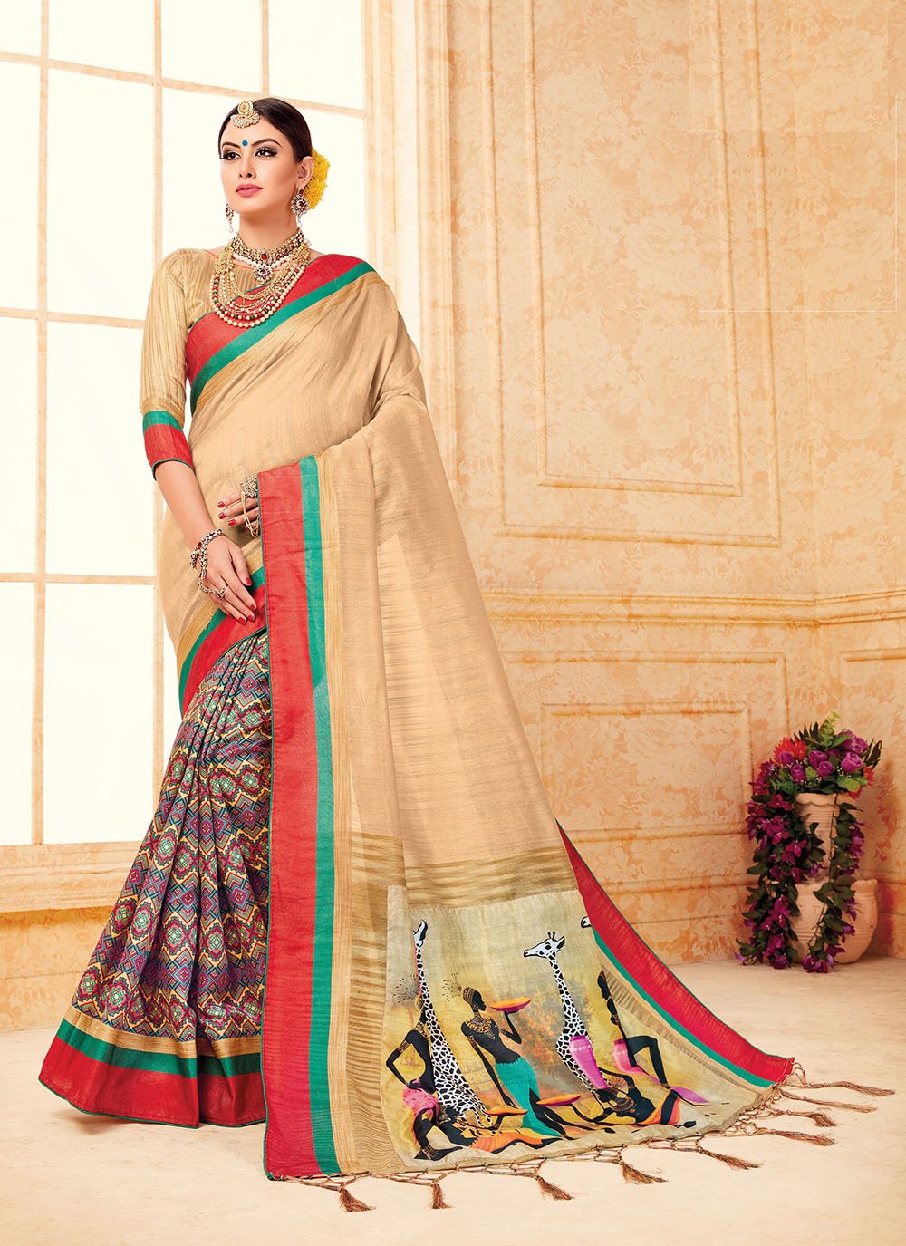 Shop Online Tussar Silk Designer Half N Half Saree in Cream : 215890 -