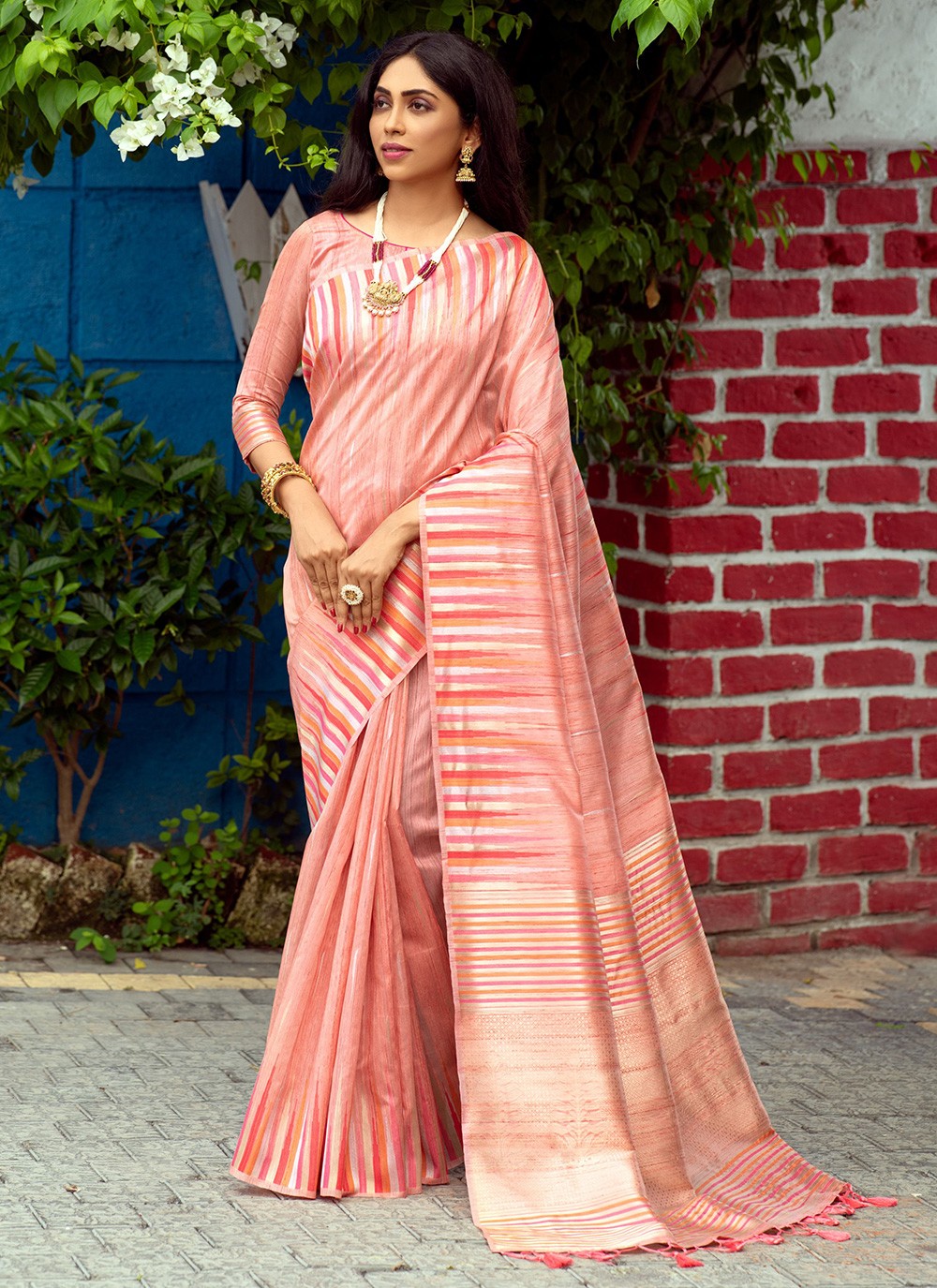 New Indian Cultural Linen Pink Saree With Printed Work Designer Sari Blouse 