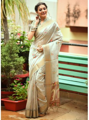 Tussar Silk Weaving Off White Saree