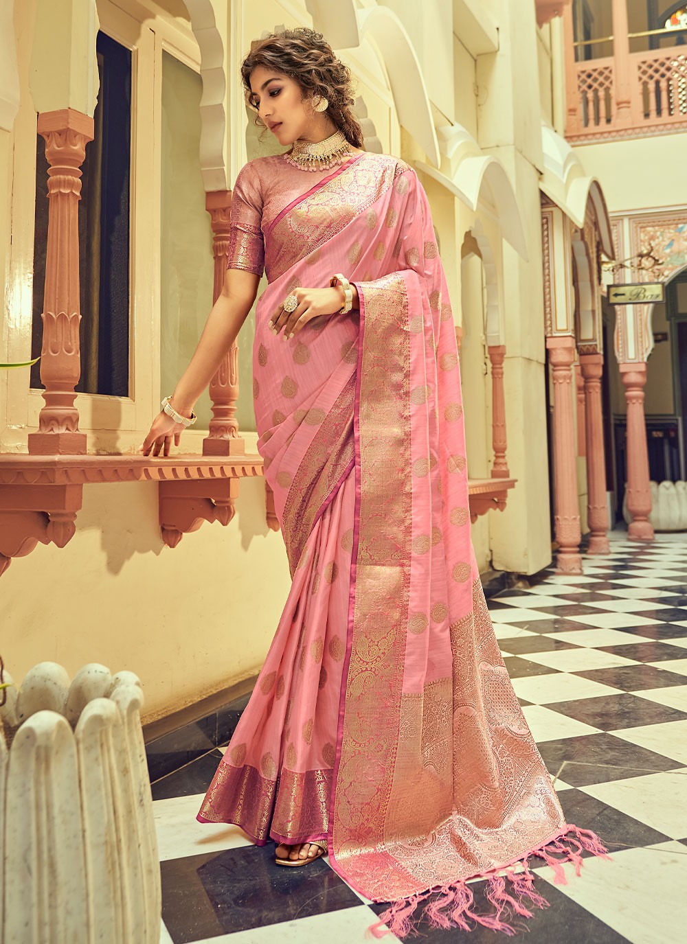 Tussar Silk Weaving Traditional Saree in Pink