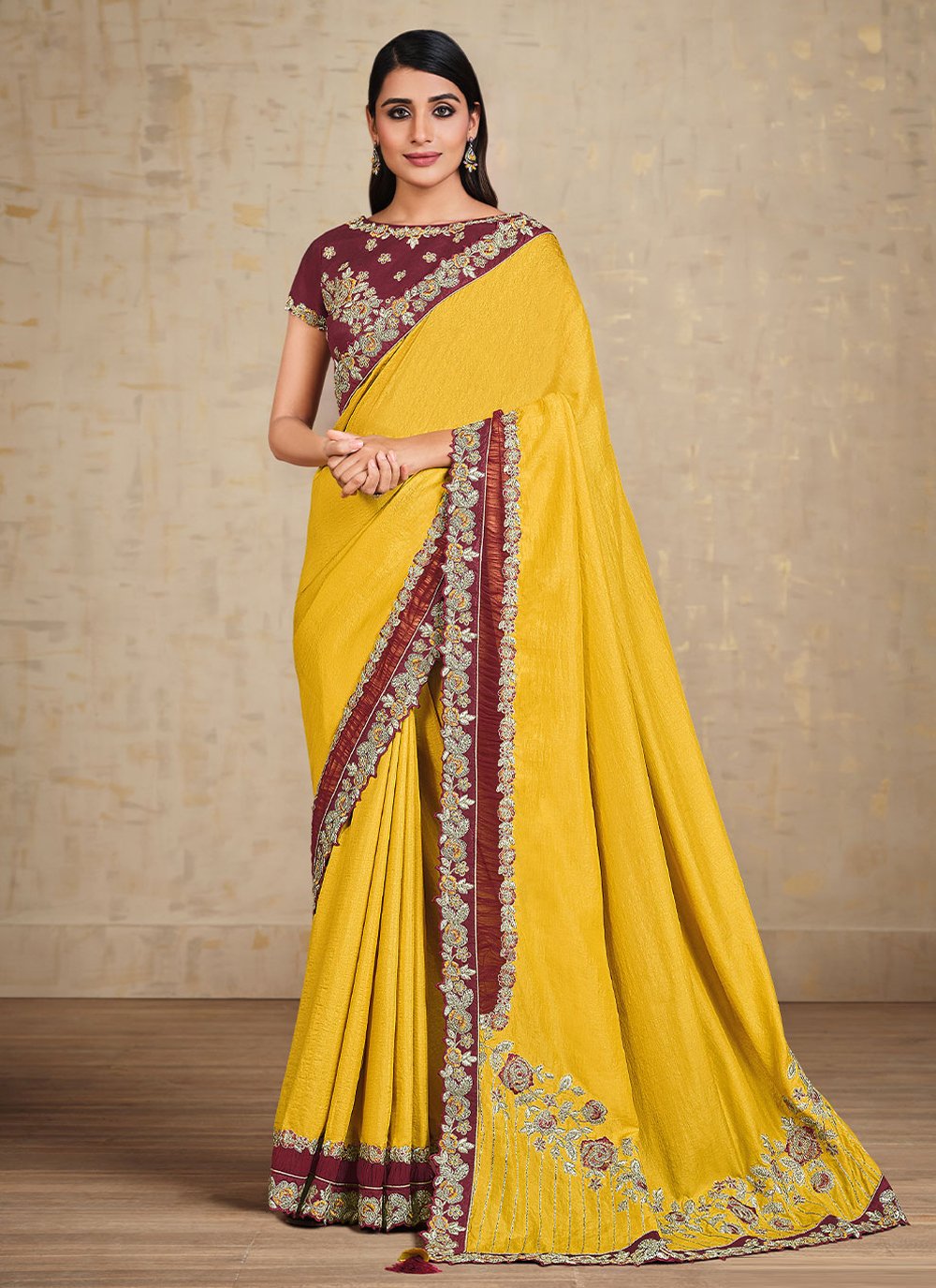 Tussar Silk Yellow Embroidered Classic Saree