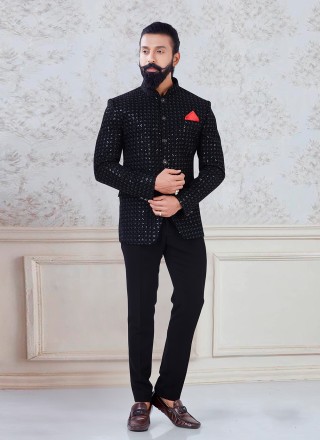 Velvet Black Buttons Jodhpuri Suit