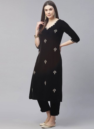 Velvet Embroidered Black Designer Kurti