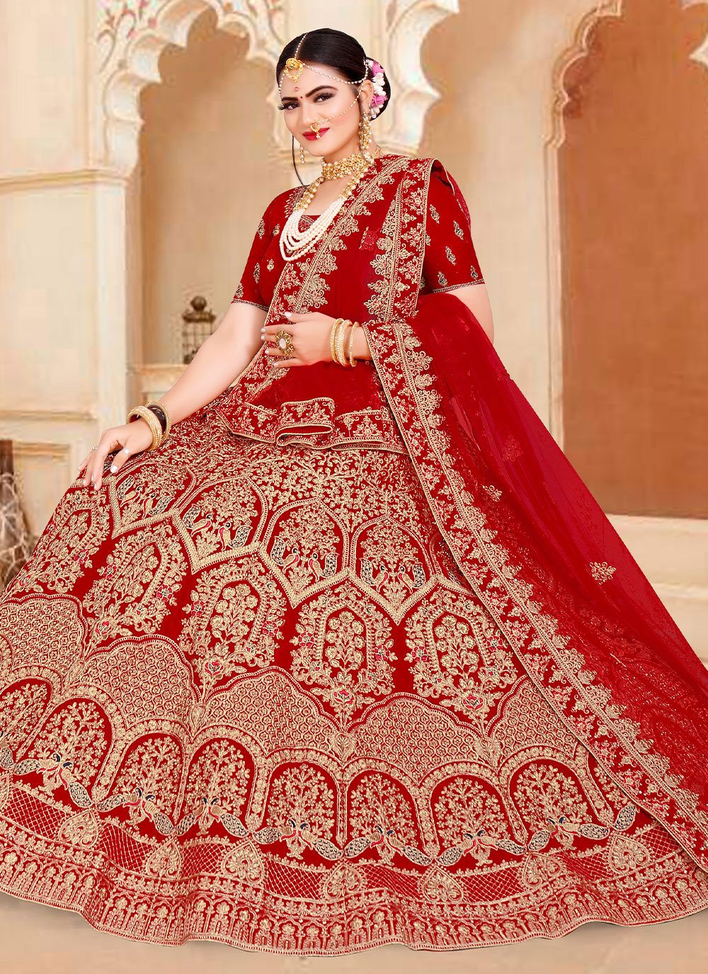 Velvet Embroidered Designer Lehenga Choli in Red