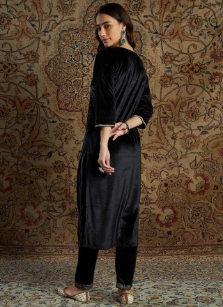 Velvet Embroidered Party Wear Kurti in Black
