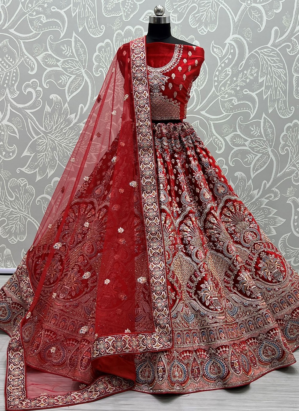 Velvet Embroidered Red Trendy Lehenga Choli