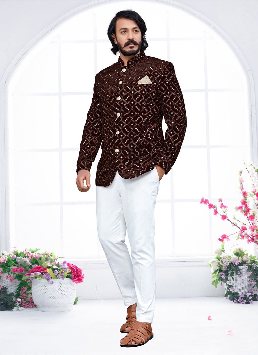 Velvet Jodhpuri Suit in Brown buy online