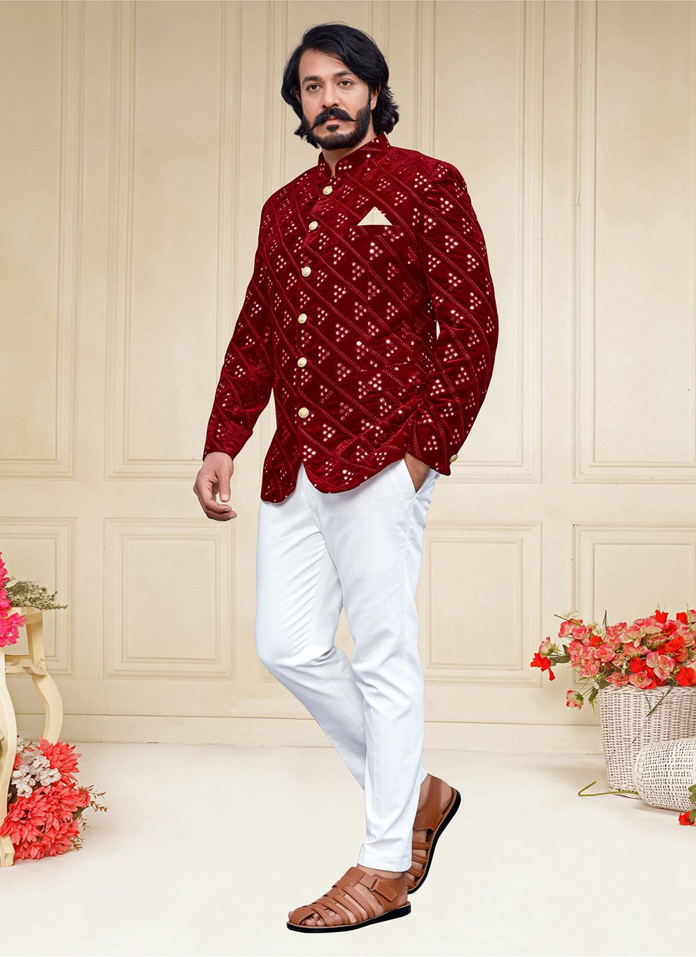 Maroon velvet sale jodhpuri suit