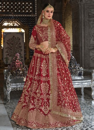 Heavily Embroidered Pretty Red Velvet Lehenga For Bridal Wear – Nameera by  Farooq