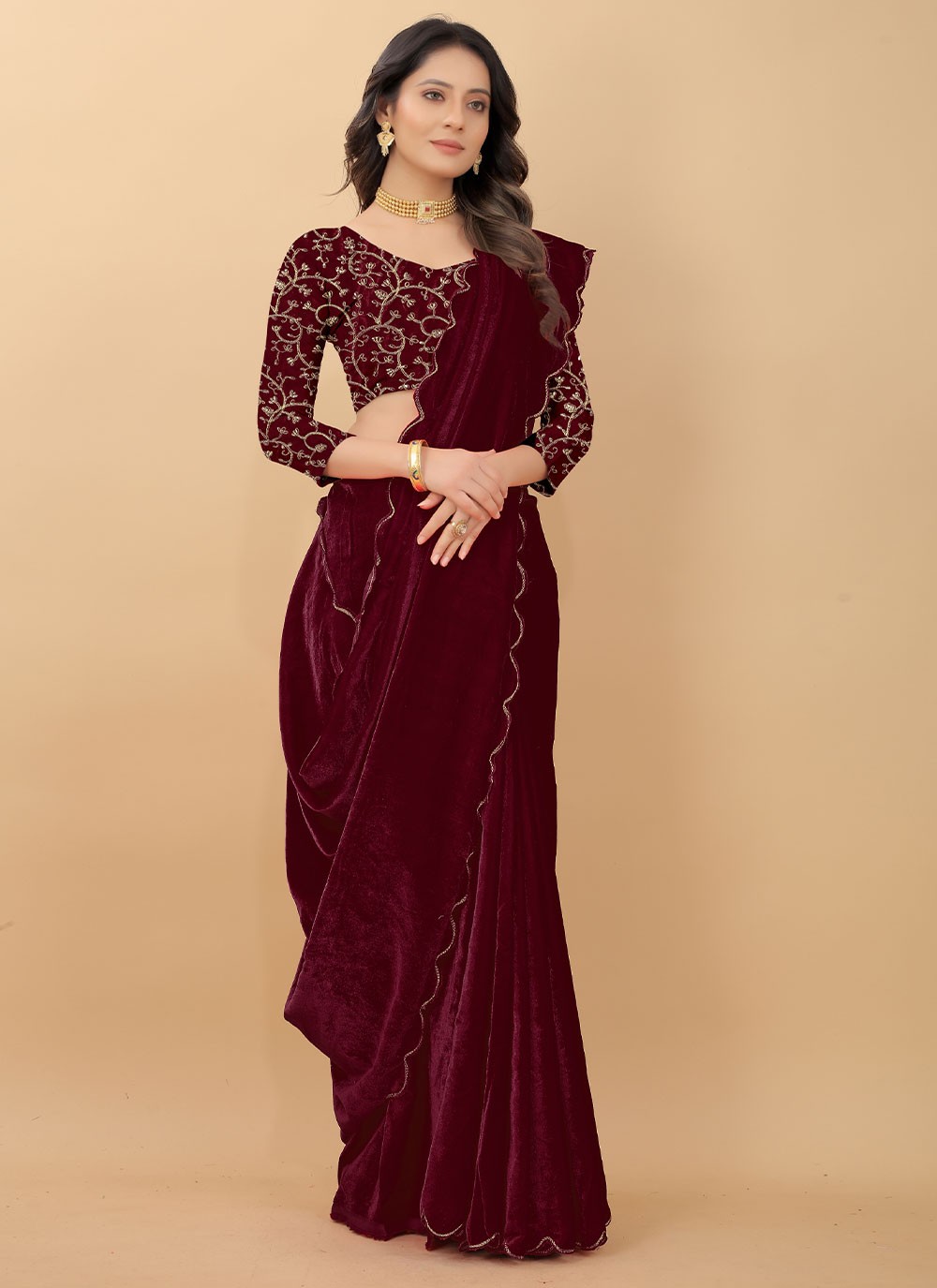 Maroon Velvet Saree and Maroon Velvet Sari Online Shopping