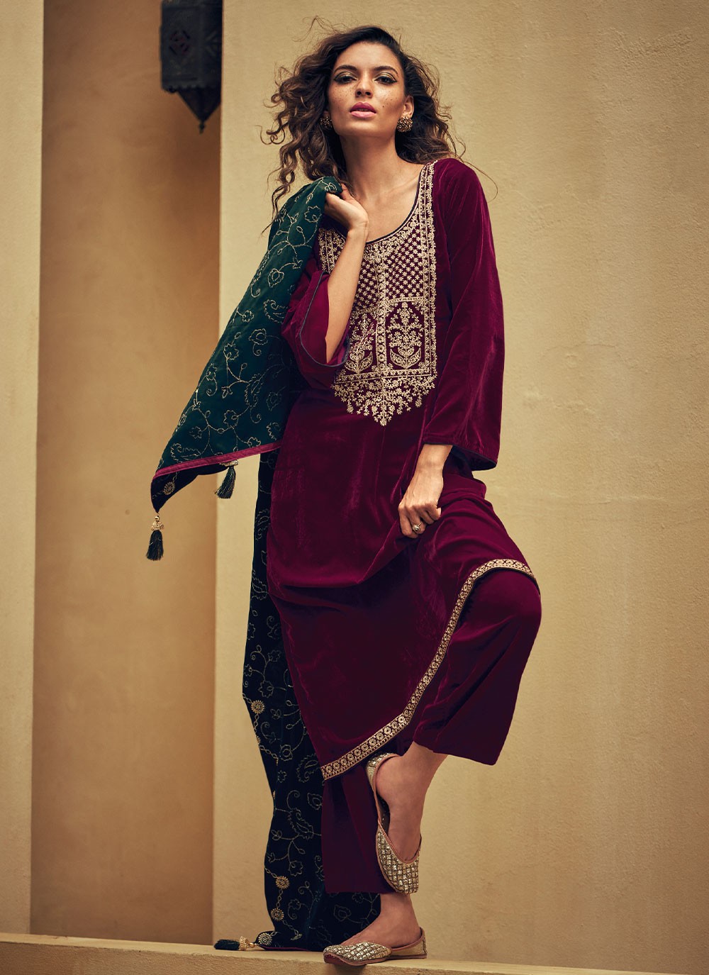Velvet Zari Maroon Trendy Salwar Suit