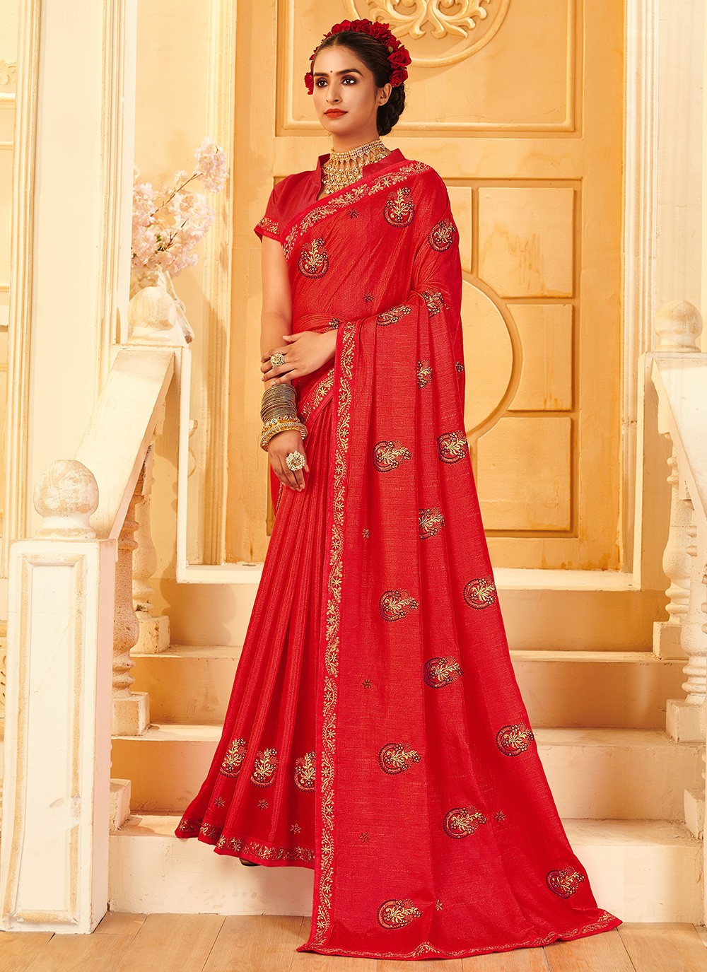 Vichitra Silk Embroidered Classic Saree in Pink