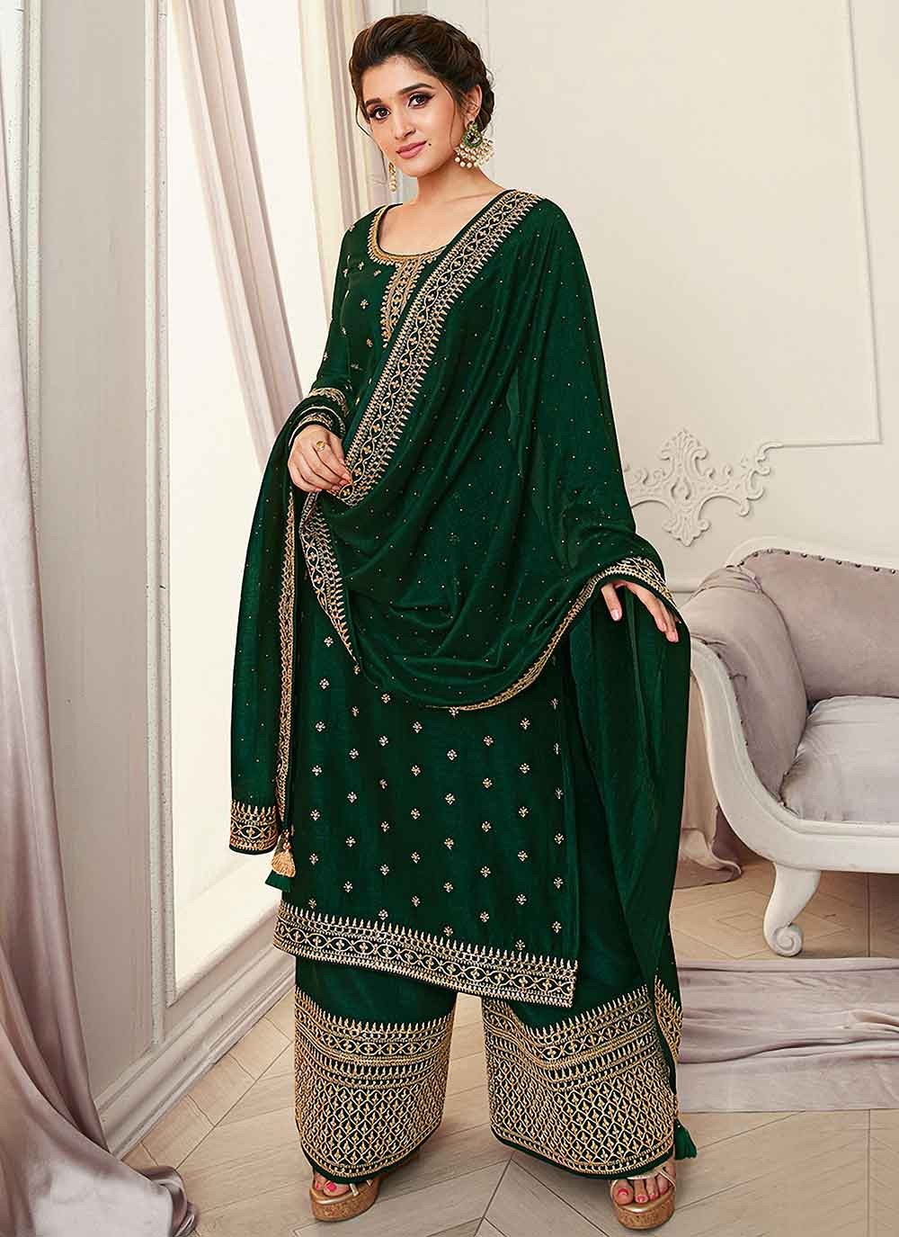 Vichitra Silk Embroidered Green Designer Pakistani Suit