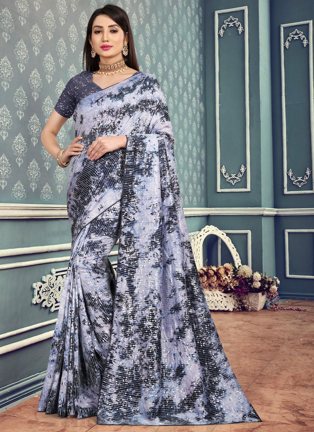 Vichitra Silk Grey Embroidered Trendy Saree
