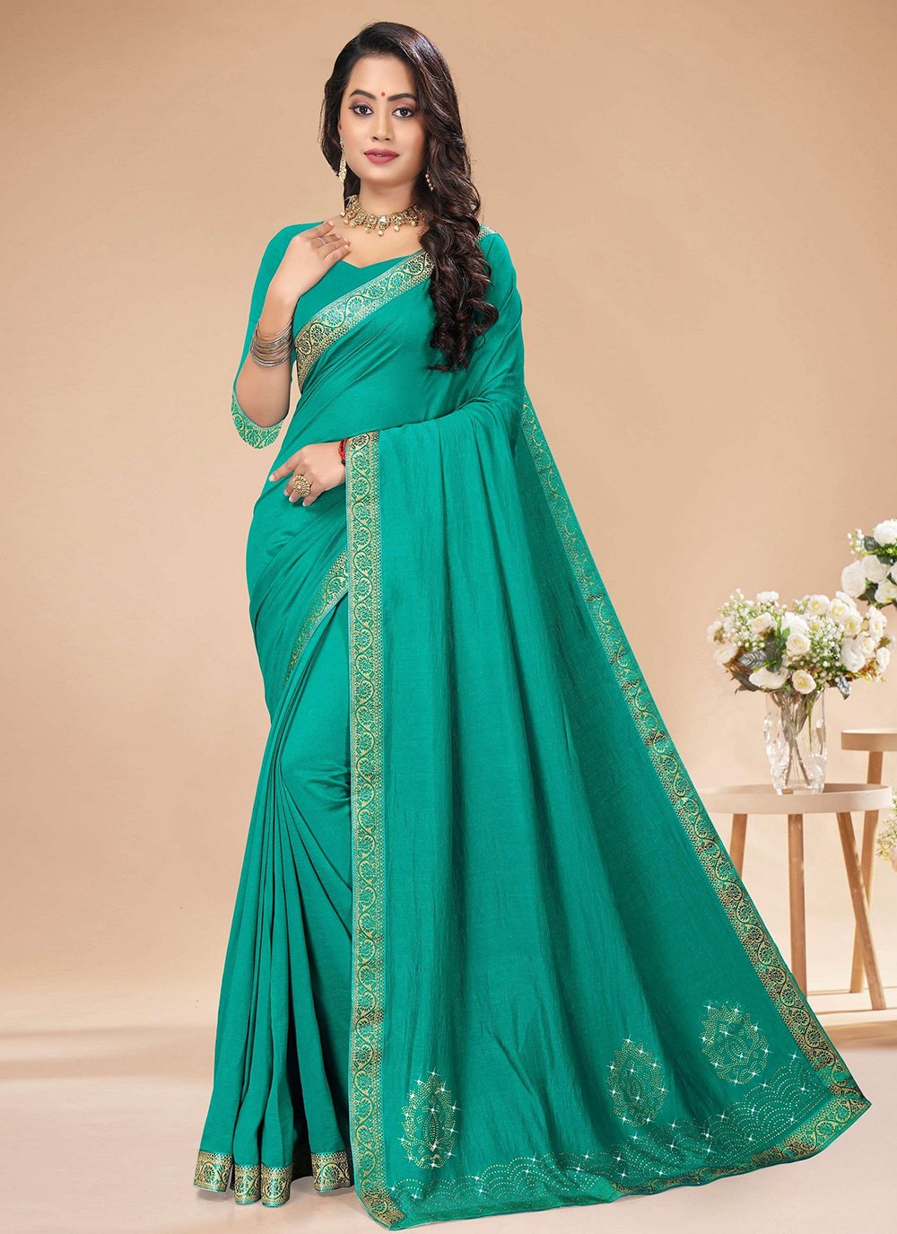 Vichitra Silk Lace Traditional Saree in Turquoise