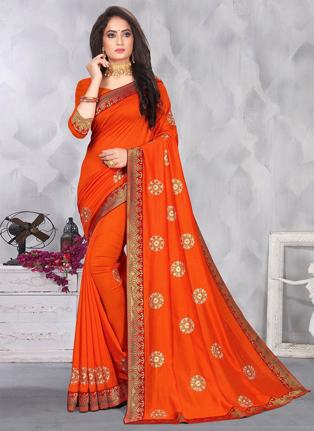 Vichitra Silk Orange Embroidered Designer Traditional Saree