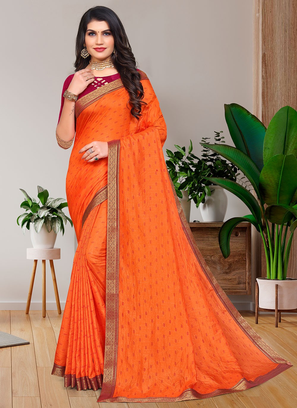 Vichitra Silk Orange Print Traditional Saree