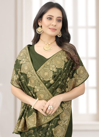 Vichitra Silk Zari Green Contemporary Saree