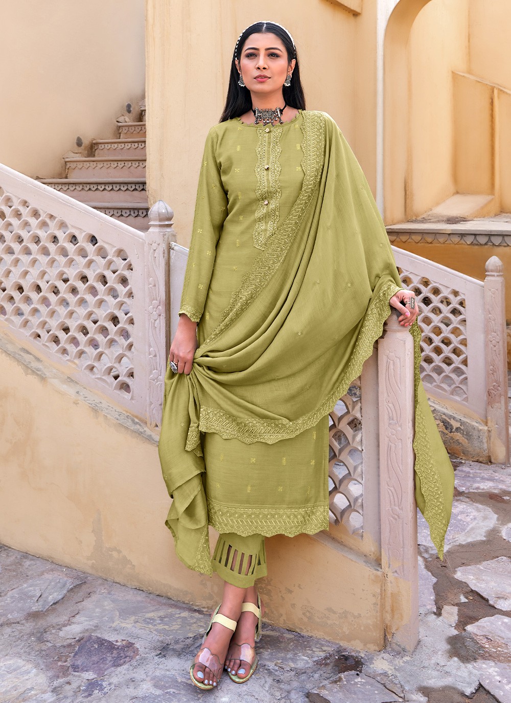 Viscose Embroidered Green Designer Pakistani Suit