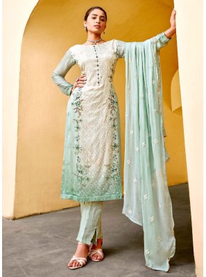 Viscose Embroidered Sea Green Pant Style Suit