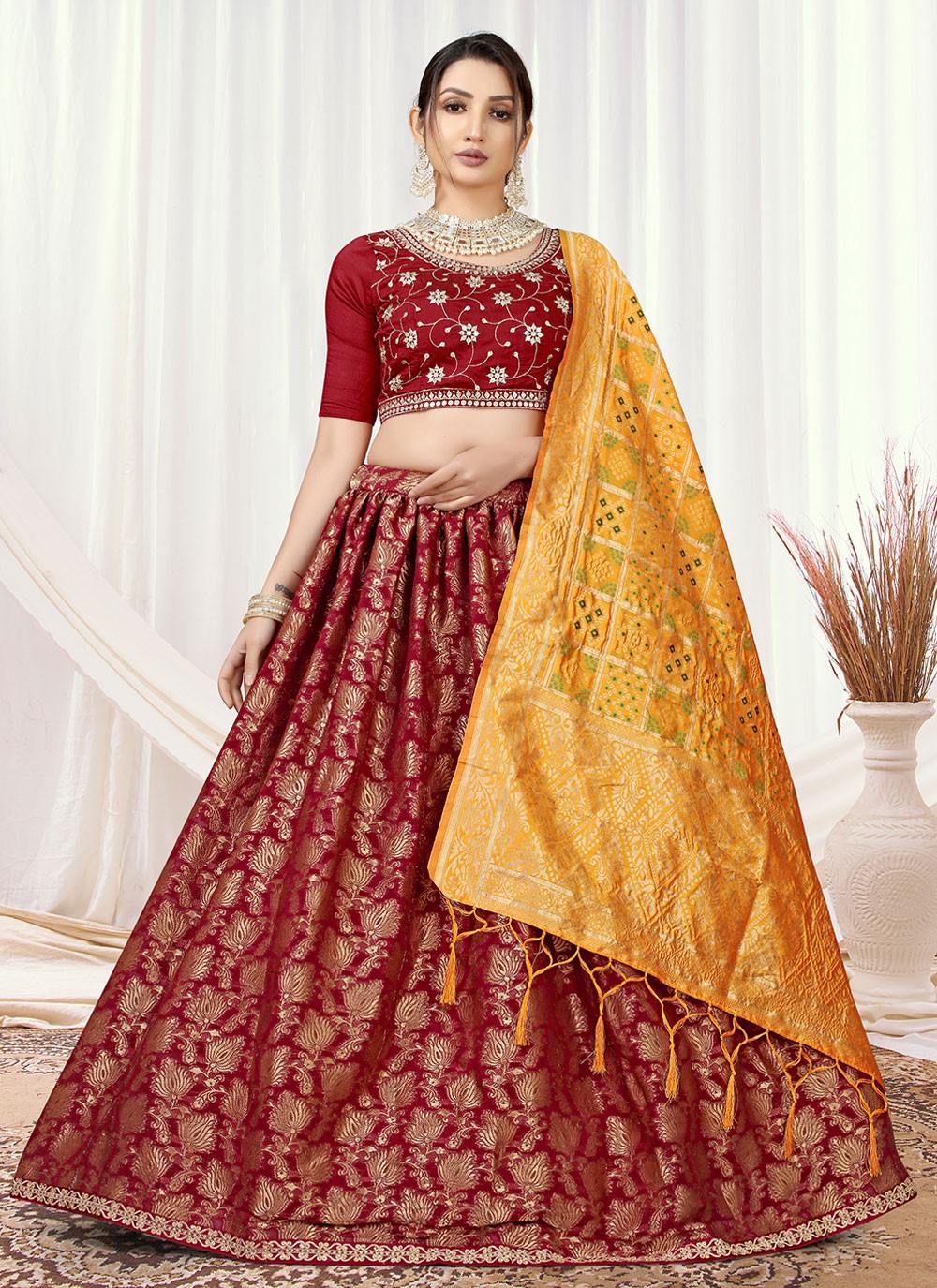 Buy Excellent Maroon Velvet EmbroideMaroon Work Bridal Lehenga Choli With  Net Dupatta at best price - Gitanjali Fashions