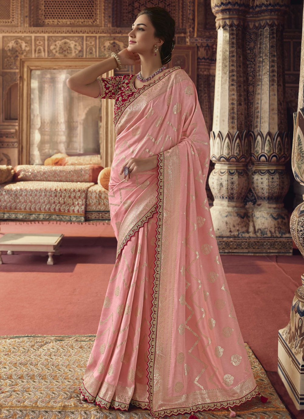 Viscose Pink Embroidered Contemporary Style Saree
