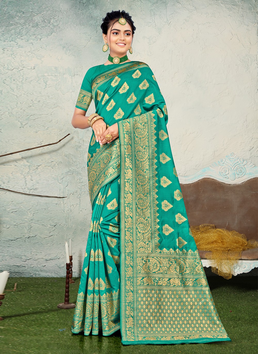 Weaving Banarasi Silk Classic Designer Saree in Sea Green