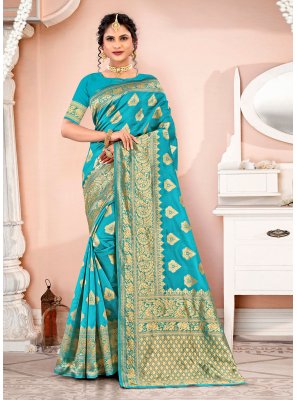 Weaving Banarasi Silk Firozi Classic Designer Saree