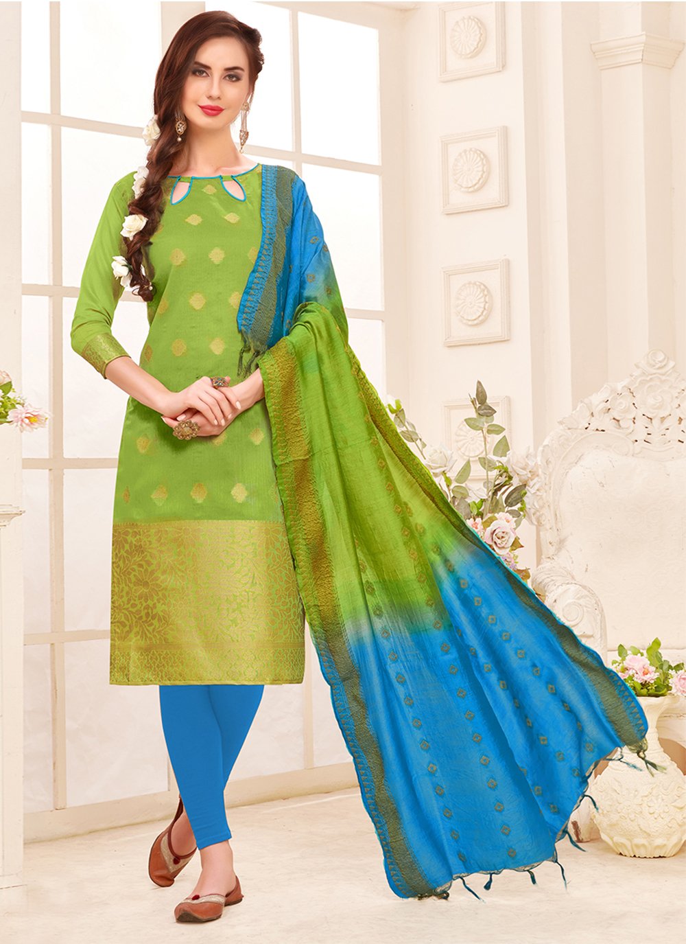 Weaving Banarasi Silk Green Pakistani Straight Suit